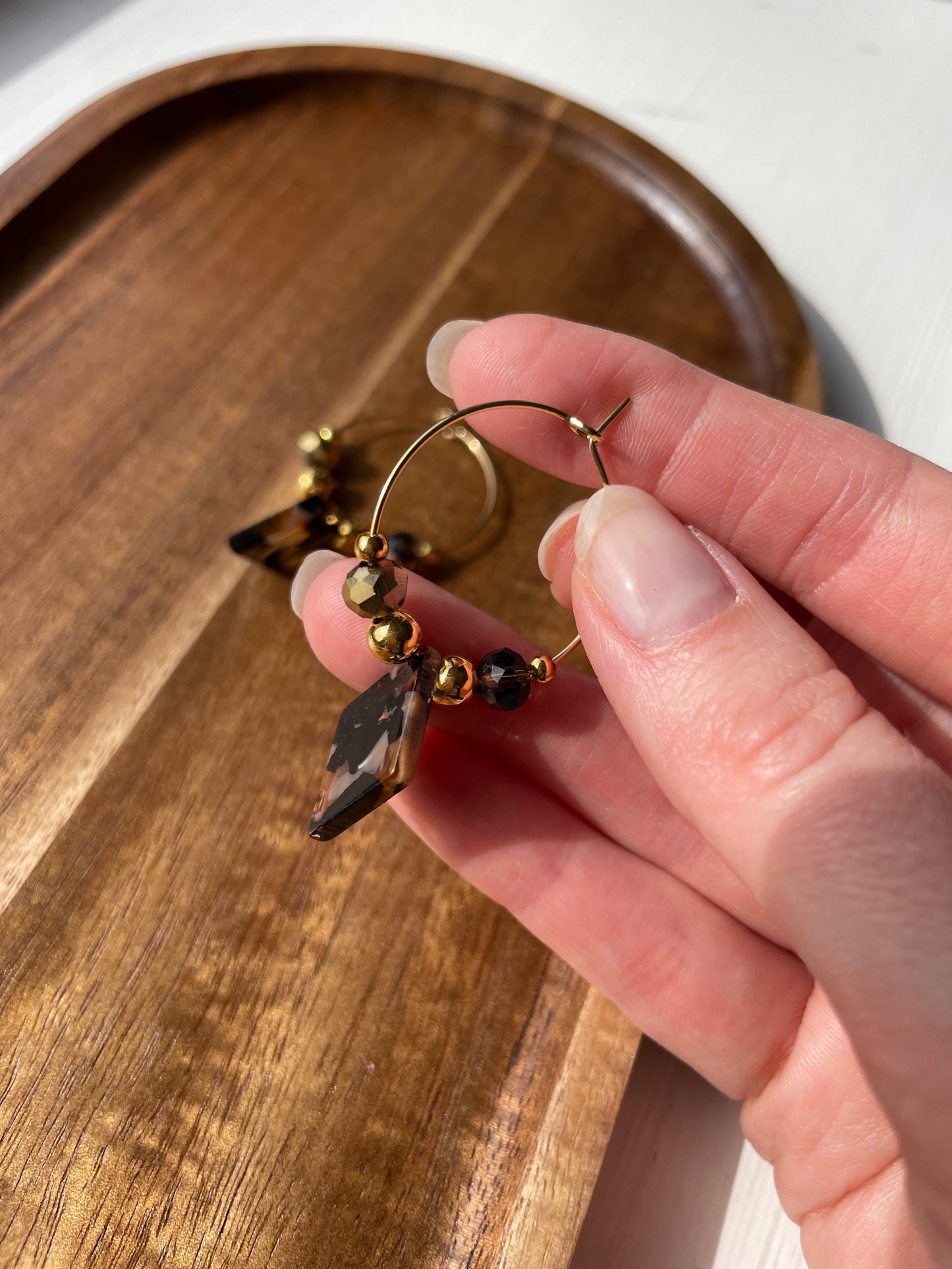 “Eilís” tortoise shell charm hoop earrings