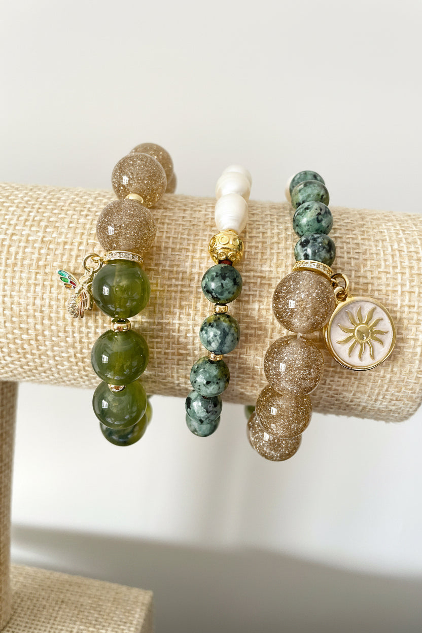 Moss and Gold multi-bead Sun Bracelet
