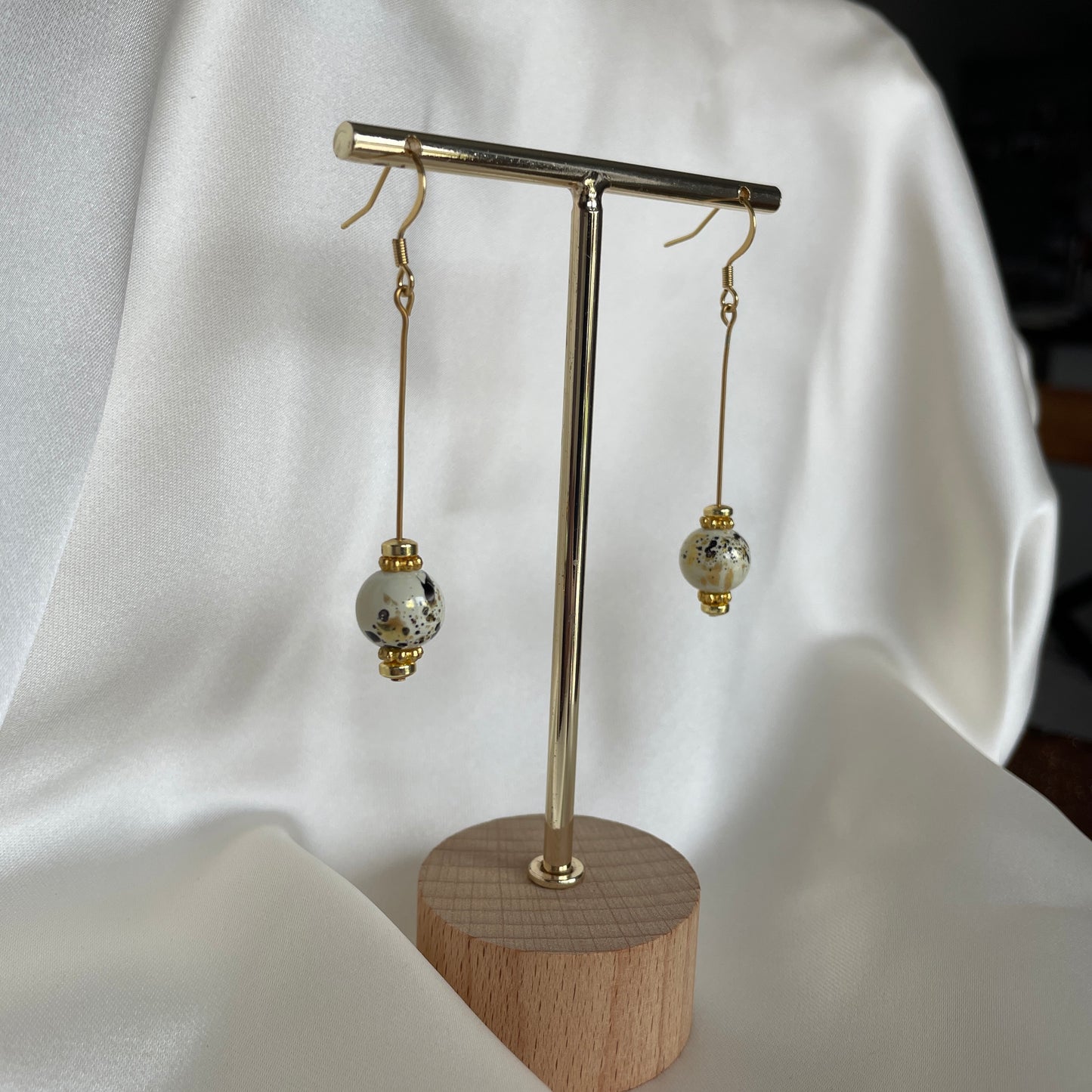 "Éala" Ivory, black and gold ball Drop Earrings