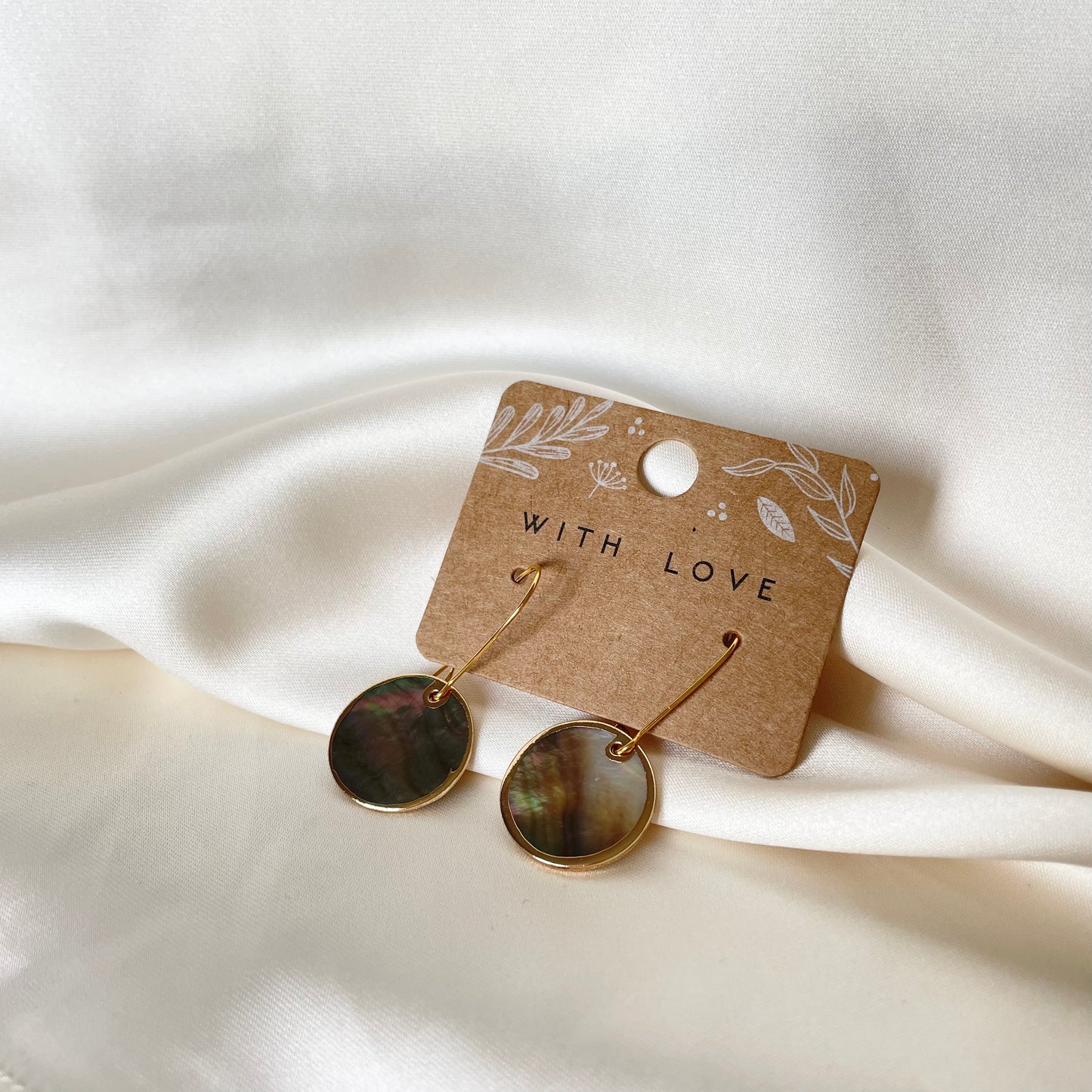 "Erin" Iridescent Mother of Pearl Disc Gold drop earrings