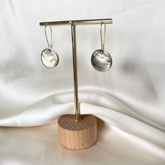 "Erin" Iridescent Mother of Pearl Disc Gold drop earrings