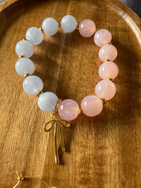 Blush & Blue beaded Bracelet with Bow Charm