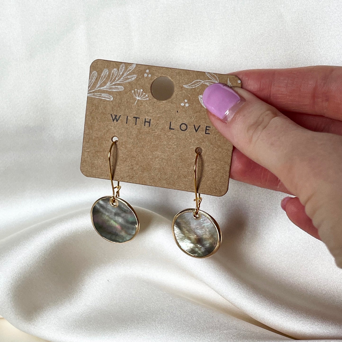 "Erin" Iridescent Mother of Pearl Disc Gold drop earrings