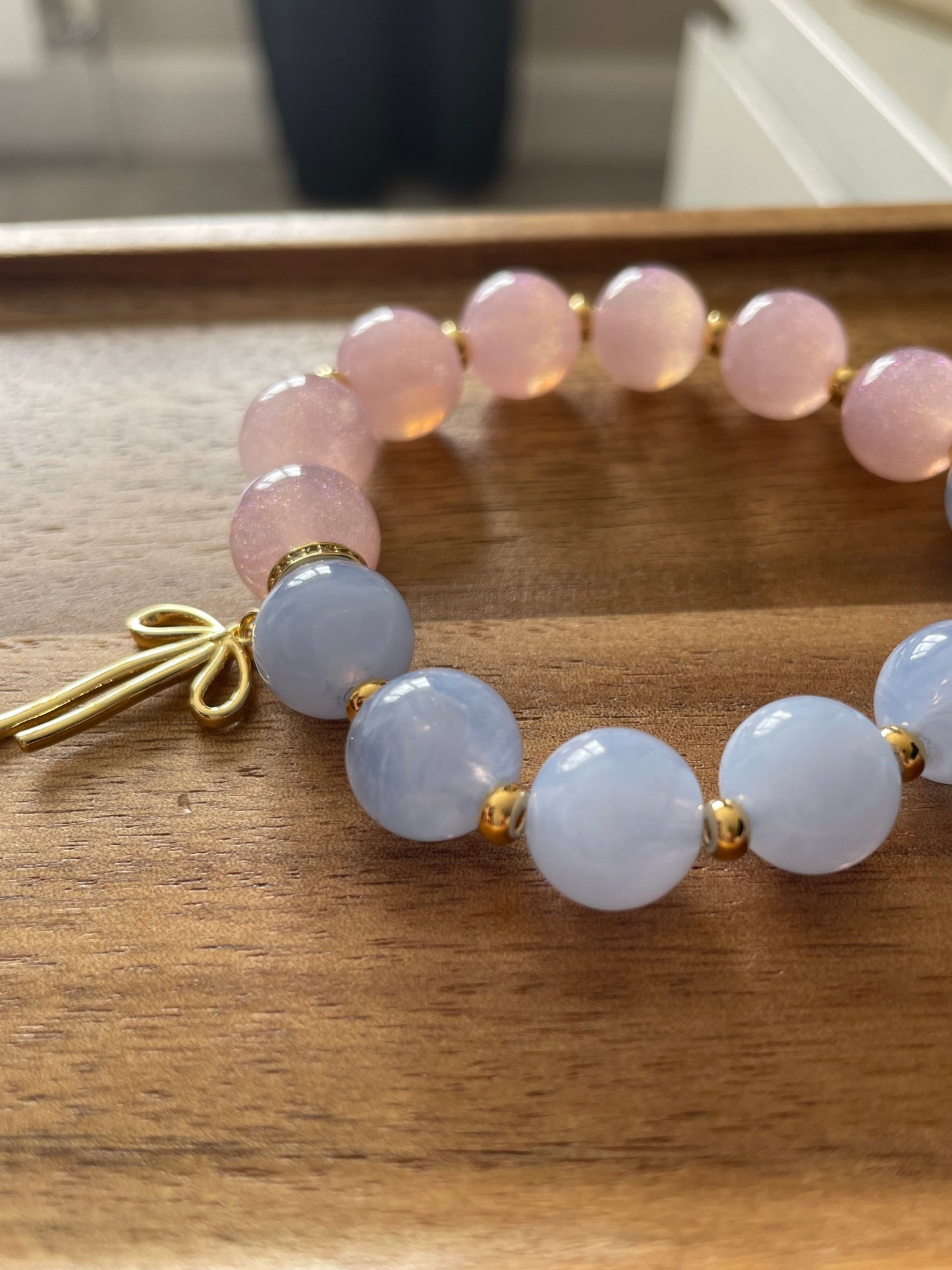 Blush & Blue beaded Bracelet with Bow Charm