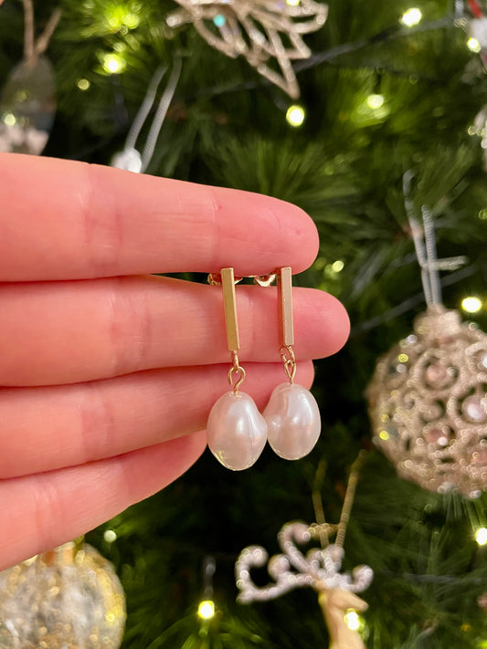 "Doireann" Pearl Drop Gold Bar Earrings