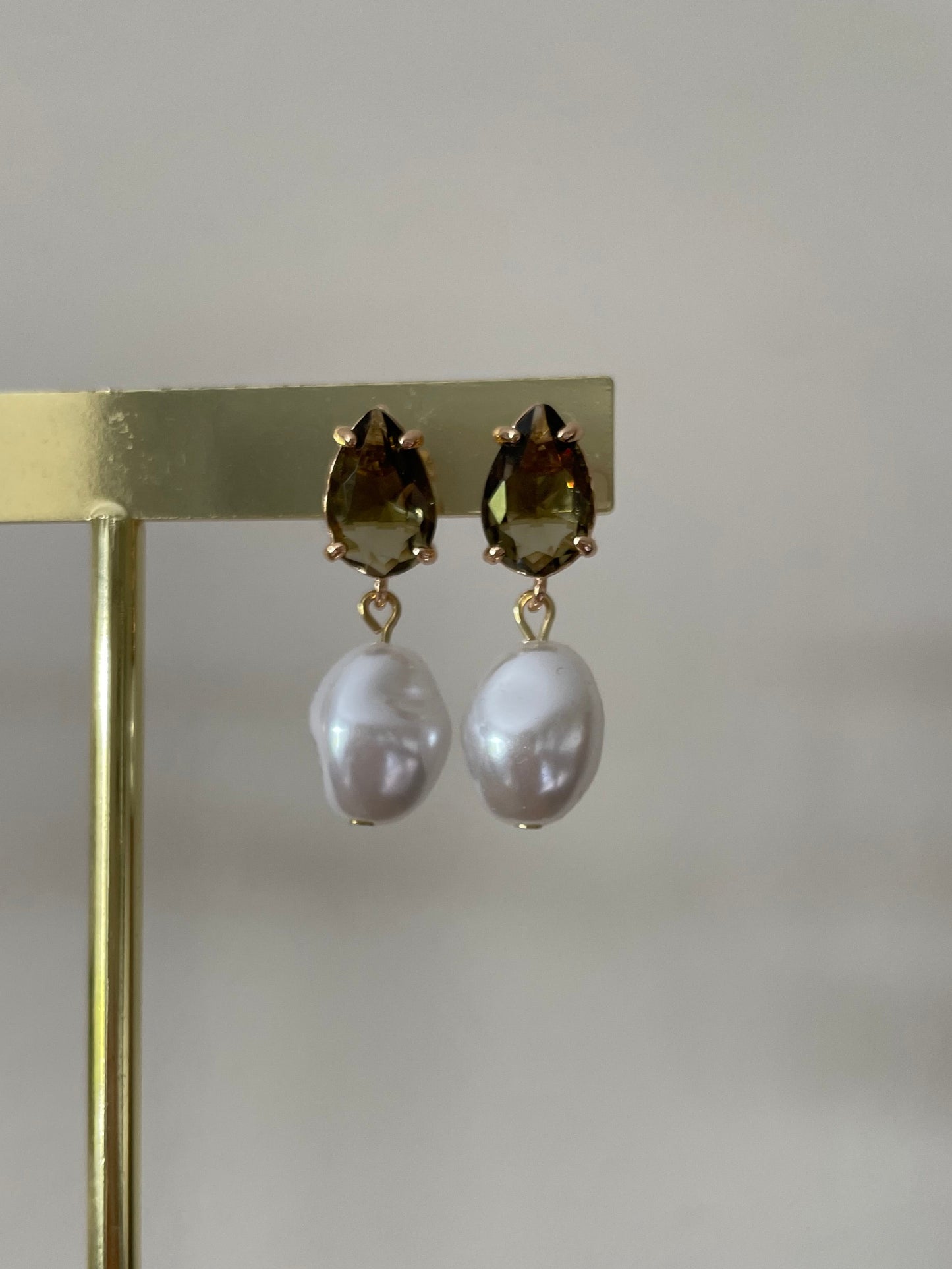 Moss Green Gemstone Earring with Pearl Charm
