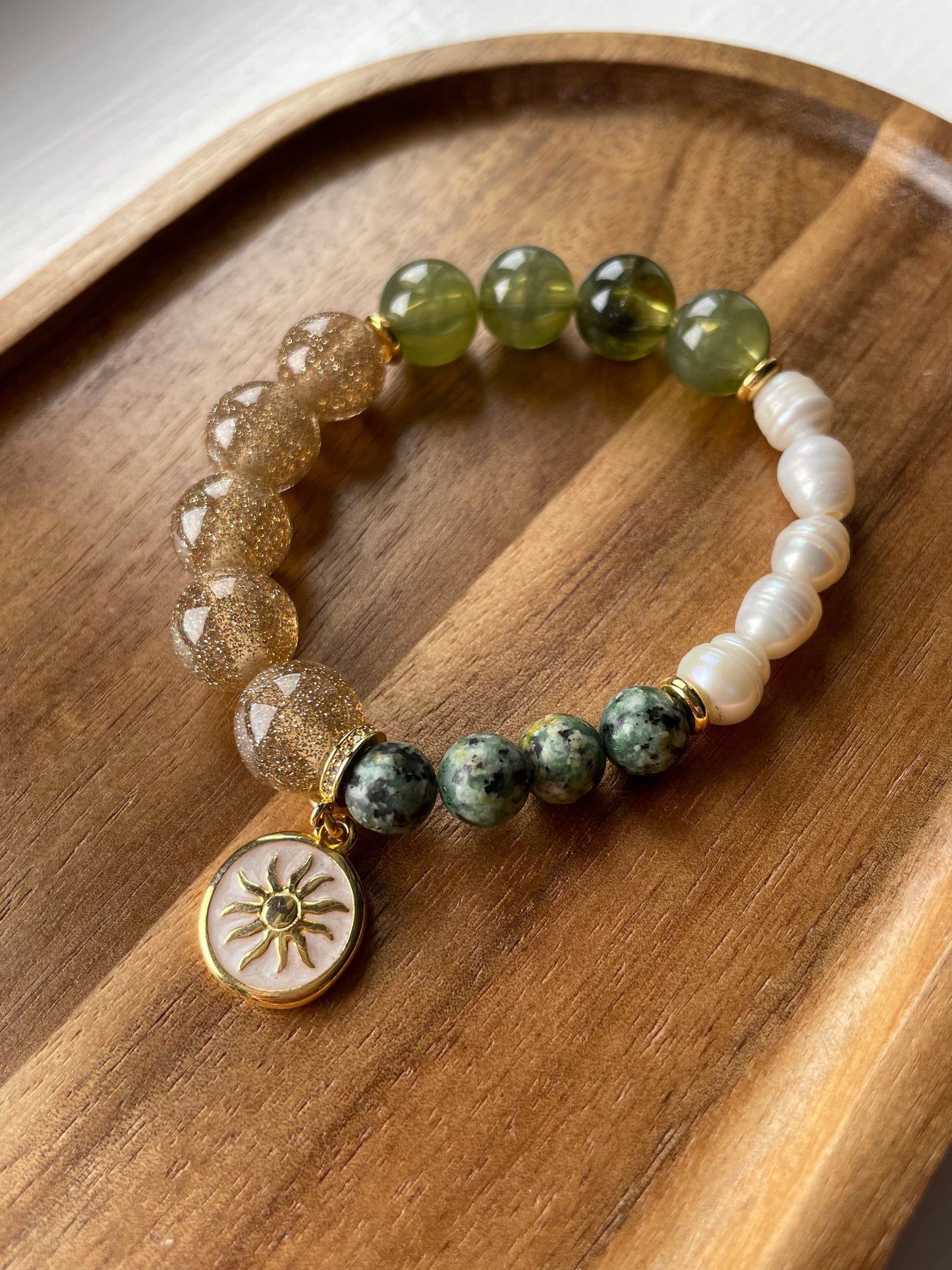 Moss and Gold multi-bead Sun Bracelet