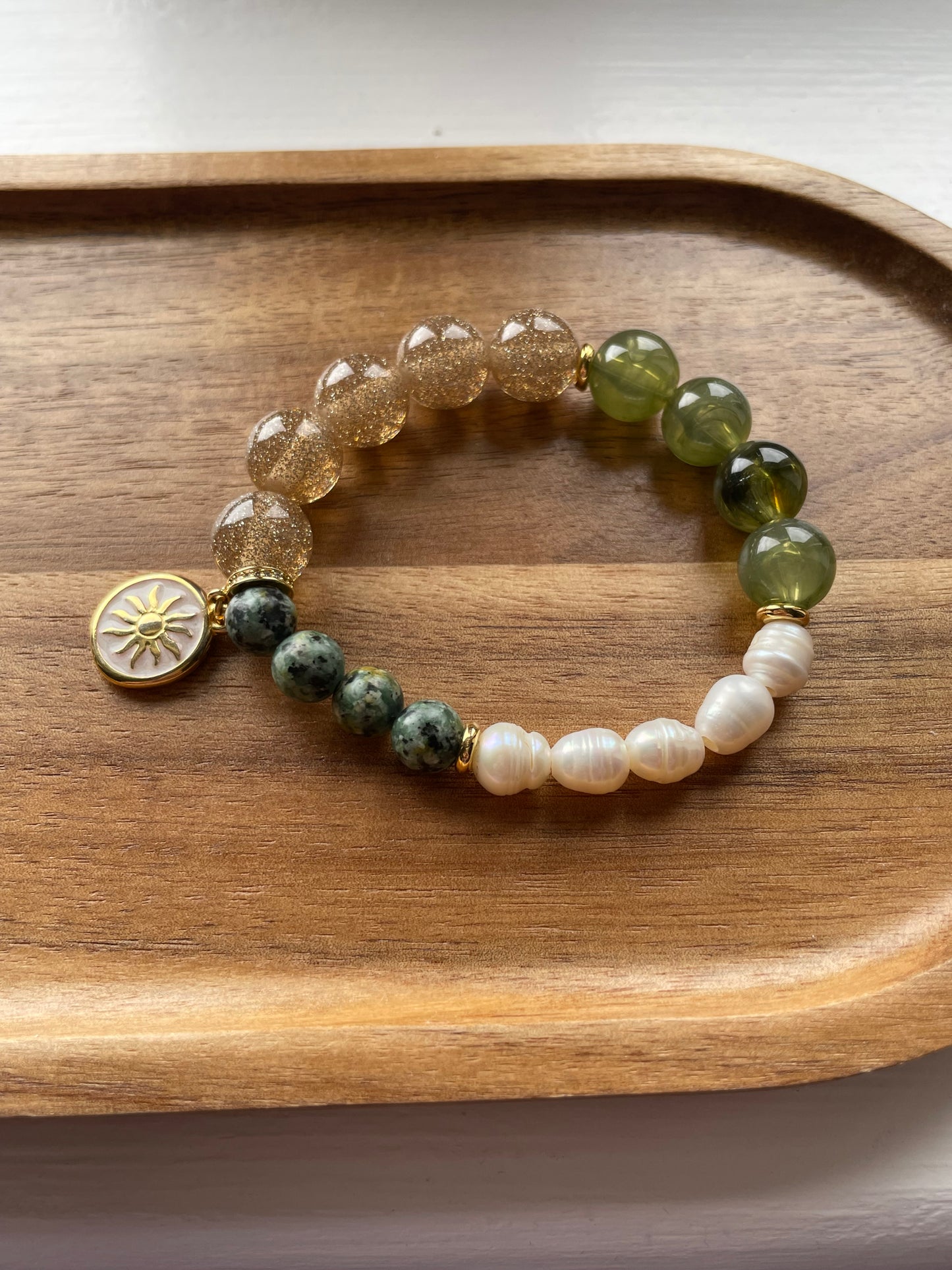 Moss and Gold multi-bead Sun Bracelet