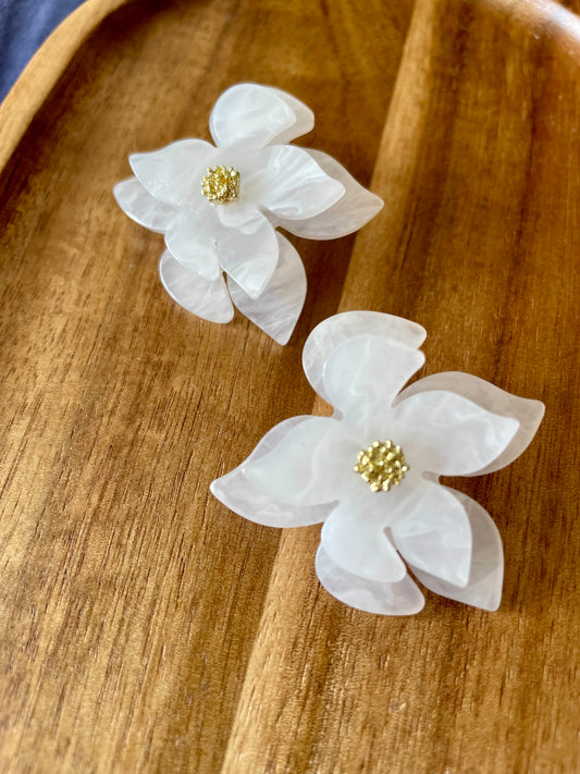 White Floral Statement Earrings